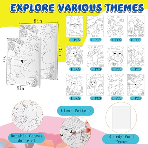 Ireer 84 Pcs 12 Sets Paint Party Kits Animal Pre Drawn Canvas, Wooden Easel, Paintbrushes, Palette, Acrylic Paints and Aprons, Pre Drawn Canvas to Paint for DIY Birthday Party Gift(5 x 7 Inches) - size: 5 x 7 Inches