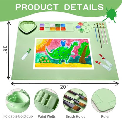 Silicone Painting Mat,20"X16"Large Silicone Art mat, Art Mat with Cup, Easy Clean up, Protects Surfaces Perfectly. for Paint, Color, Play with Clay/Play Dough.(Green) - color: Green
