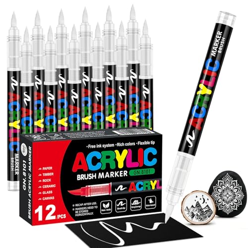 12 White Paint Marker,Water-Based Ink Acrylic Paint Pens with Brush Tip,Direct-Liquid Ink Permanent Markers for Black Paper,Rock,Glass,Wood,Canvas,Painting,Ceramic,Fabric,Metal,Quick-Drying DIY Crafts - color: White
