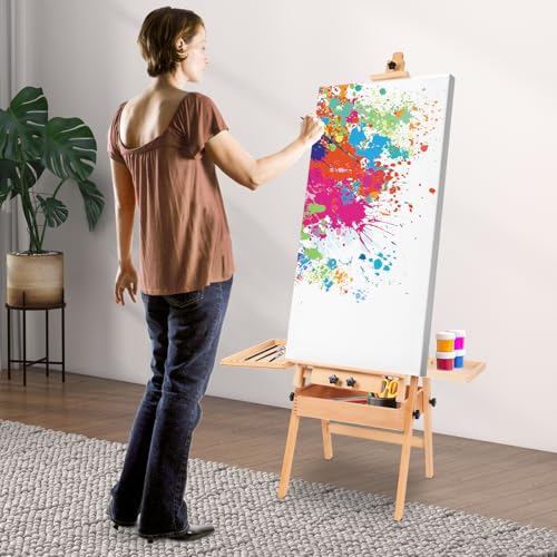 Wooden H-Frame Studio Easel with Storage Tray and Shelf, Adjustable Height and Angle, Sturdy Beechwood Canvas Holder Stand - Floor Wooden Easel Stand for Painting