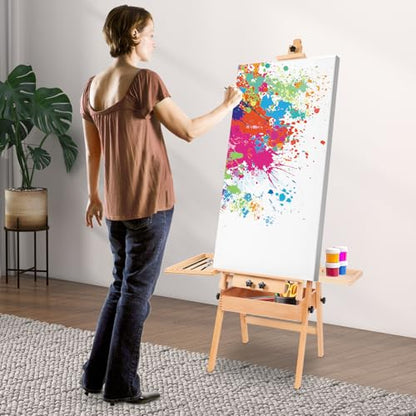 Wooden H-Frame Studio Easel with Storage Tray and Shelf, Adjustable Height and Angle, Sturdy Beechwood Canvas Holder Stand - Floor Wooden Easel Stand for Painting