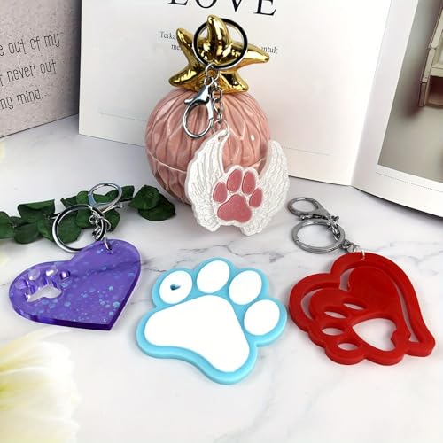 Pet Paw Keychain Resin Molds, 4-Piece Set with Heart and Angel Wing Designs, Silicone Molds for DIY Keychains, Epoxy Resin Silicone Molds