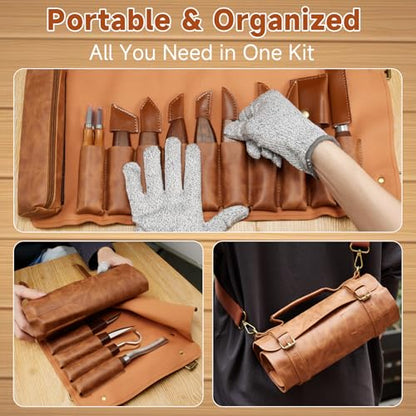 Wood Carving Kit, 17Pcs Wood Carving Tools, Professional Whittling Knife Set, Wooden Hand Knives with Sheath & Deluxe Leather Roll Bag for Beginners Adults & Starter Woodworking