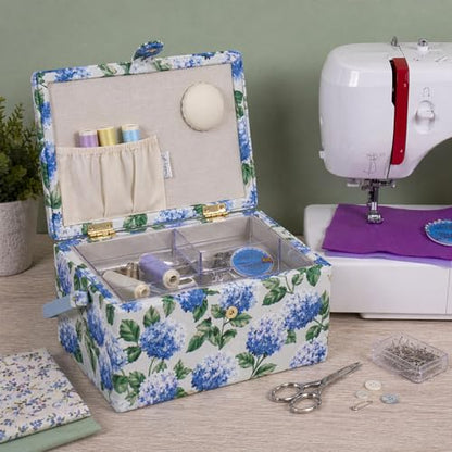 Hobby Gift Medium Sewing Box Organiser, Fabric Covered Storage Box with Handle, Internal Tray, Pin Cushion and Pocket for Sewing, Quilting and Knitting Supplies - color: Hydrangea