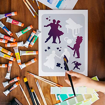 12 Pcs Large Silhouette Stencils for Painting on Wood and Canvas - Full-Size 11.6 x 8.2 in People, Couple and Family Drawing Templates with Figures and Reusable Designs for Wall Art and DIY Crafts