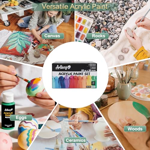 Artkey Acrylic Paint Set - 36 Colors 2 oz/59 ml Acrylic Paints Professional Artists Painting Kit for Canvases Fabric Rock Leather Easter Egg Wood Ceramic Glass Art Craft Painting - color: 36 Colors, style: Basics