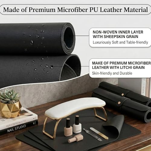 2 PCS Nail Art Table Mat, Soft Microfiber PU Leather Nail Pad, Foldable Nail Art Rest Pad, Reusable Nail Mat for Table Desk, Acrylic Nail Desk Mat for Nail Cushion (Black and Black) - color: Black and Black