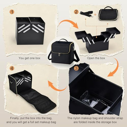Yueieoun Large Travel Makeup Train Case, Big Makeup Bag Organizer Makeup Box,4 Tier Professional Cosmetic Storage Cases for Nail Tech Tattoo Storage Bag for Equipment and Supplies with luggage Sleeve - size: Large