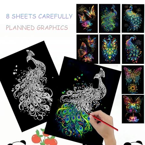 Scratch Art Paper for Adults, 8 Sheets 11.2 x 8.2 inches,Rainbow Scratch Art DIY Craft Gift 5 Paint by Scratch Tools （ Butterfly & Peacock） - style: Butterfly & Peacock