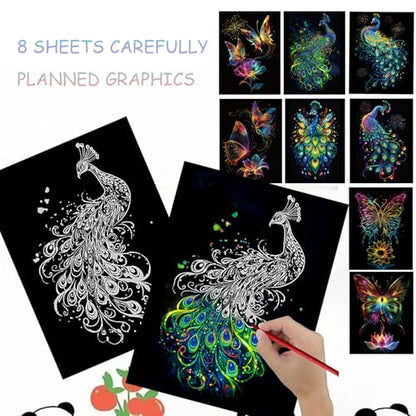 Scratch Art Paper for Adults, 8 Sheets 11.2 x 8.2 inches,Rainbow Scratch Art DIY Craft Gift 5 Paint by Scratch Tools （ Butterfly & Peacock） - style: Butterfly & Peacock