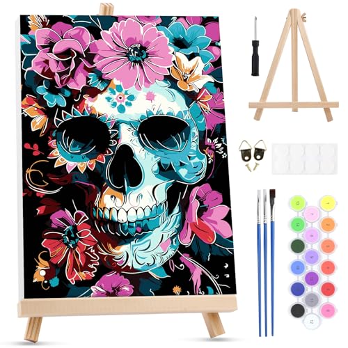 MXJSUA Floral Skull Framed Paint by Numbers for Adults Beginners, Easy Adults' Paint-by-Number Kits on Canvas with Easel, Acrylic Number Painting Crafts Gifts for Home Decor, 8x12 inch - color: Floral Skull