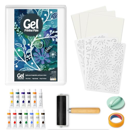 INNOVAYOU 5 * 7inch Gel Plate Printing Kit, Set with Gel Printing, Rubber Roller, Watercolor Paints, Stencils, Printing Paper, Masking Tape and Baren, for Card Making, Arts and Crafts