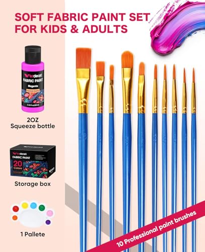 Fabric Paint, 20 Colors Permanent Soft Fabric Paint Set for Clothes in Bottles (60ml/2oz) with 10 Brushes, Palette - size: 2 Fl Oz (Pack of 20)