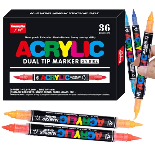 Guangna 36 Colors Acrylic Paint Markers, Dual Tip Paint Markers Pens Set with Soft Brush Tip, Multifunctional Fine Tip Markers for Wood,Canvas,Rock Painting, Glass, Diy Crafts Art Supplies, Waterproof - color: Dual Tip 36 Colors