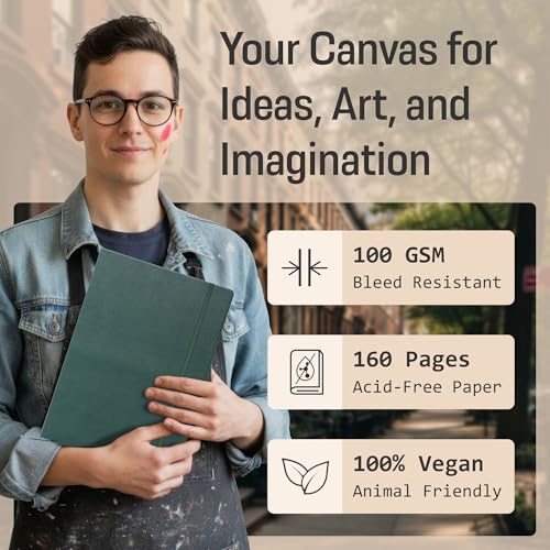 BROWNSTONE JOURNALS A4 Sketch Book Hardcover - 80 Sheets 100 GSM Paper 8.5"x11.5", Lay Flat, Vegan Leather Cover, Elastic Band, Back Pocket, Art Drawing Book (Dartmouth Green) - color: Dartmouth Green, size: A4 (8.5" x 11.5")