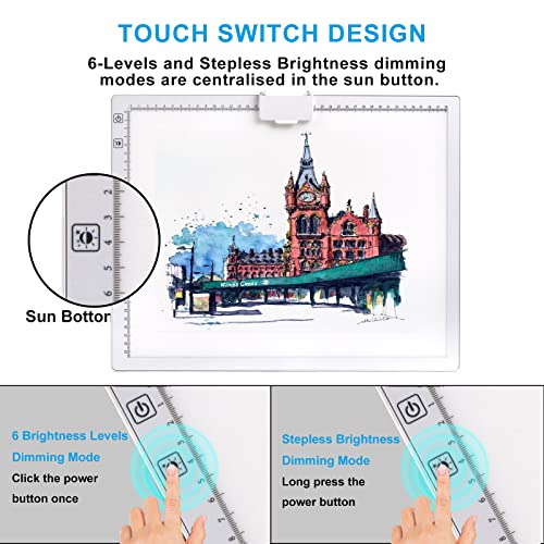 A3 Rechargeable Light Pad, TOHETO 2500mAh Battery Powered Light Board with Stand Top Magnetic Clip 3 Colors Stepless Dimmable 6 Levels Brightness Light Box for Diamond Painting Weeding Vinyl (White) - style: A3 (White)