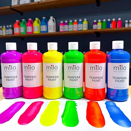 milo Fluorescent Neon Washable Tempera Paint | 16 oz Bottles 6 Colors | Made in the USA | Glows UV in Black Light | Safe & Non-Toxic Paint for Arts & Crafts, Poster, Window, Classroom, School, Project - style: Fluorescent Tempera 6 x 16 oz