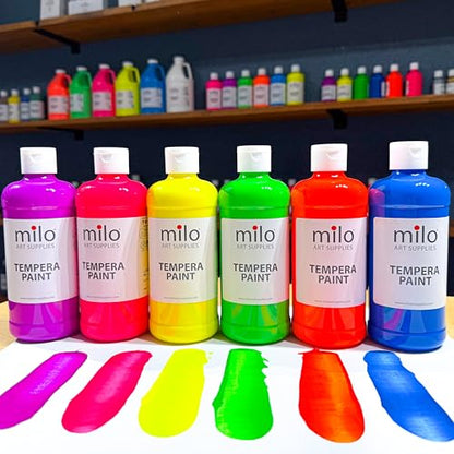 milo Fluorescent Neon Washable Tempera Paint | 16 oz Bottles 6 Colors | Made in the USA | Glows UV in Black Light | Safe & Non-Toxic Paint for Arts & Crafts, Poster, Window, Classroom, School, Project - style: Fluorescent Tempera 6 x 16 oz