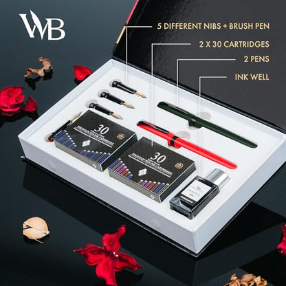 Wordsworth and Black Fountain Pen Set - Green - Includes 2 Pens, 18 ML Ink Bottle, 60 Ink Cartridges, A Refill Converter, 1 Medium and 4 Broad Nibs, Brush Pen - Fountain Pen Kit for Beginners - color: Red and Green