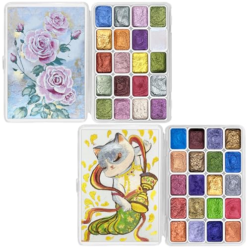 CraftyManor Mini Forestry Shifting Watercolor Painting Set, 40 Color Shifting Watercolor Paints, Shimmer Metallic & Glitter Watercolor Paints, Rococo & DunHuang Style - color: RCC-DH-40