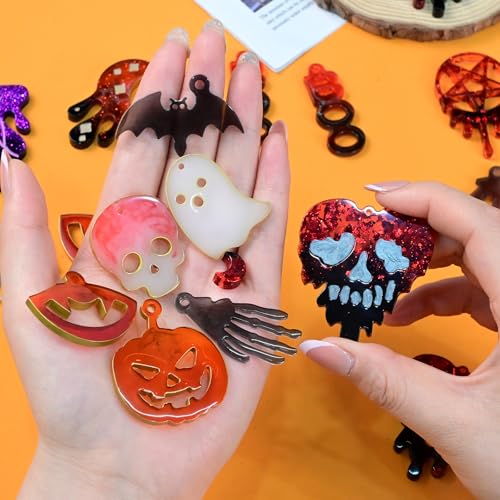 Resin Earring Mold with Hole, 3Pack Halloween Earring Casting Molds | Skull Bat Witch Bat Pumpkin Spooky Ghost Hand Shaped Earring Silicone Mold for Resin Casting Pendant Keychain Jewelry Gift - color: 3 PCS Halloween Resin Molds with Holes