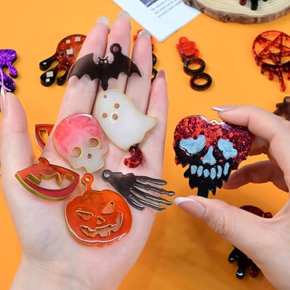 Resin Earring Mold with Hole, 3Pack Halloween Earring Casting Molds | Skull Bat Witch Bat Pumpkin Spooky Ghost Hand Shaped Earring Silicone Mold for Resin Casting Pendant Keychain Jewelry Gift - color: 3 PCS Halloween Resin Molds with Holes