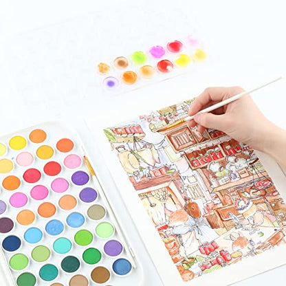 TRANSON 48 Colors Watercolor Paint Set with 4pcs Paint Brushes and 1pcs Water Brush Pen for Adults, Beginners and Artists