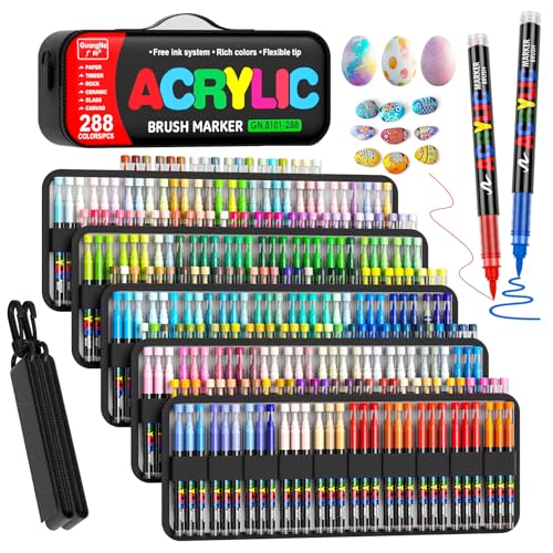 Sanyetral 288 Colors Acrylic Paint Markers with Carrying Bag and Shoulder Strap, Soft Brush Tip Paint Pens for Wood, Stone, Canvas, Glass, Fabric, Egg, Rock Painting