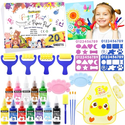 45PCS Kids Washable Finger Paint Kit,12 Colors Non Toxic Finger Paints,Art Painting Supplies for Toddlers - Paper,Brushes,Sponges,Children Drawing Gifts for Kids Boys Girls - color: 12 Colors