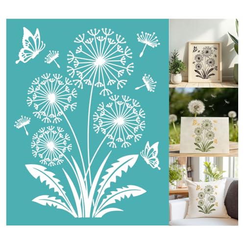 2 Sheets Dandelion Butterfly Silk Screen Stencil, Nature Floral Self-Adhesive Silk Screen Printing Stencils Reusable Mesh Stencil for Painting on Wall, Wood, T-Shirt, Home Craft Decor - style: Dandelion