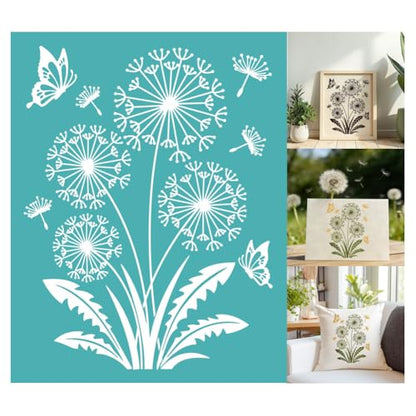 2 Sheets Dandelion Butterfly Silk Screen Stencil, Nature Floral Self-Adhesive Silk Screen Printing Stencils Reusable Mesh Stencil for Painting on Wall, Wood, T-Shirt, Home Craft Decor - style: Dandelion