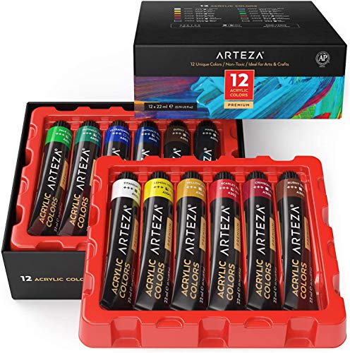 ARTEZA Acrylic Paint Set of 12 Colors, 0.74 Ounces Tubes, Acrylic Artist Paints. Art Supplies for Painting