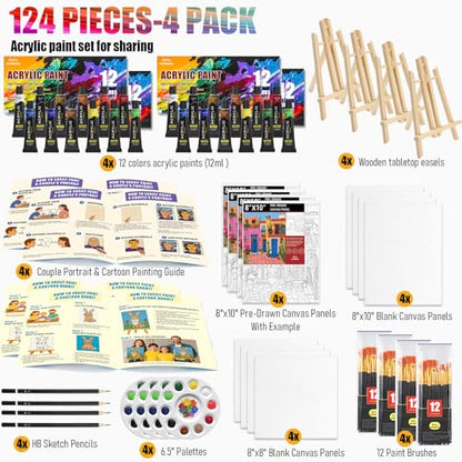 4 Pack Painting Set for Couples or Family Groups, 124 PCS Paint Set with 4 Table Easels,48 Acrylic Paints,12 Pre-Drawn & Blank Canvases for Painting,48 Brushes,4 Pencils,4 Palettes and Painting Guides