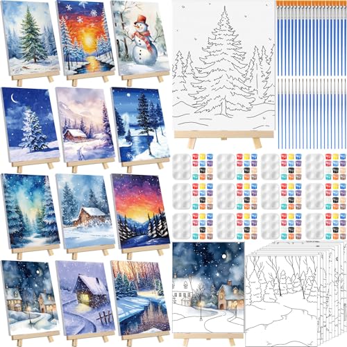 Zhanmai 72 Pcs 12 Sets Sip and Paint Kit Pre Drawn Canvas for Painting 8" x 10" Paint Party Canvas Painting Pre Printed Canvases for Party DIY Virtual Adult's Date Night(Winter Sonw) - style: Winter Sonw