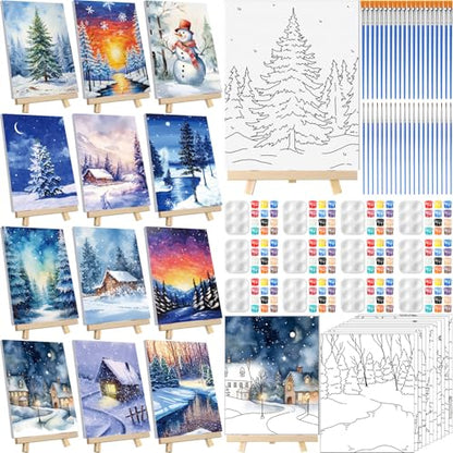Zhanmai 72 Pcs 12 Sets Sip and Paint Kit Pre Drawn Canvas for Painting 8" x 10" Paint Party Canvas Painting Pre Printed Canvases for Party DIY Virtual Adult's Date Night(Winter Sonw) - style: Winter Sonw