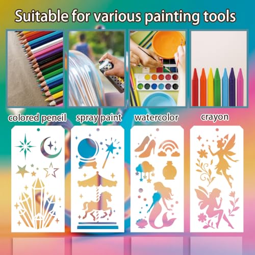 12 Pcs Fantasy Stencils for Painting, 12 Styles Fairy Painting Stencils Reusable Art Drawing Templates for Painting on Wall Wood Home Decor - style: Mystic