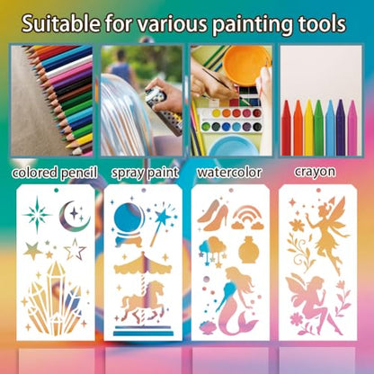 12 Pcs Fantasy Stencils for Painting, 12 Styles Fairy Painting Stencils Reusable Art Drawing Templates for Painting on Wall Wood Home Decor - style: Mystic