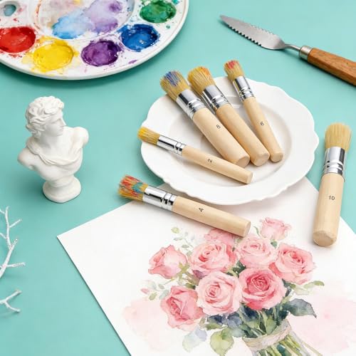 SOUJOY 18 Pcs Wooden Stencil Brushes Set, Natural Bristle Paint Brushes with Wooden Handle for Acrylic Oil Watercolor Painting, Wood Wall Model House Painting, Stencil Projects, DIY Crafts, 6 Sizes