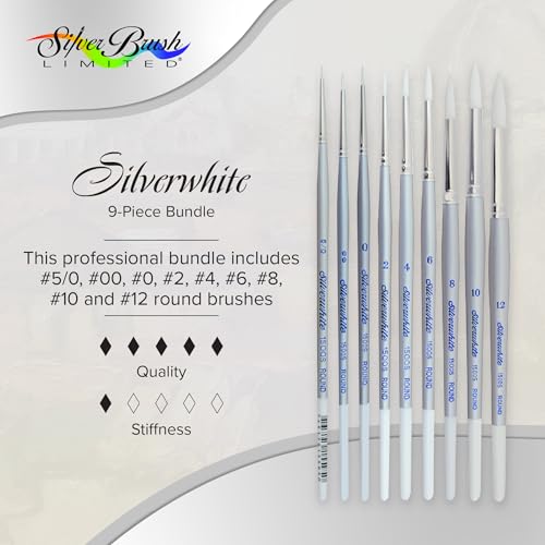 Silver Brush Limited SW-1584S Silverwhite Short Handle Round Brushes with Soft Synthetic Taklon, 9pc Premium Artist Painting Bundle for Acrylics, Watercolor, Gauche, Ink, Dye, Craft Paint, & Tempera - style: 9 Pc, Short Handle Rounds