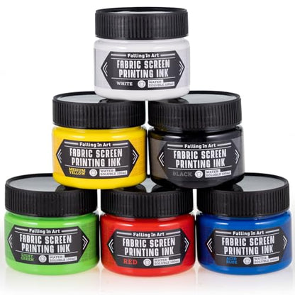 Falling in Art Fabric Screen Printing Ink Set, 4-Ounce Permanent Fabric Paints for T-Shirt and Silk Printmaking, 6 Colors