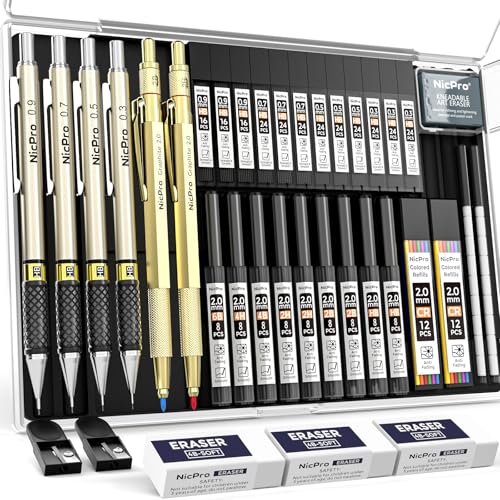 Nicpro 37PCS Gold Art Mechanical Pencil Set, 4PCS Metal Drafting Pencil 0.3/0.5/0.7/0.9 mm & 2PCS 2mm Lead Holder (6B 4B 2B HB 2H 4H) School Supplies for Sketching Drawing with 23 Tube Lead Refills - color: Gold, style: 0.3 0.5 0.7 0.9 2.0
