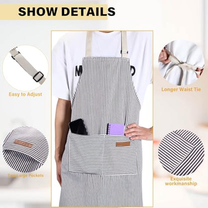 Handepo 4 Pcs Kitchen Aprons with Pockets Adjustable Waterproof Cotton Aprons Striped Apron for Women Men Chef Gift for Dad - color: Gray