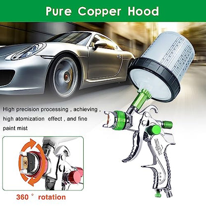 HVLP Paint Gun with 1.4/1.7/2.0mm Nozzles,Air Spray Paint Gun w/10pcs 20 Ounce Mixing Cup and Lids & Air Pressure Gauge for Car Painting,Furniture Surface Spraying (Green) - color: Green