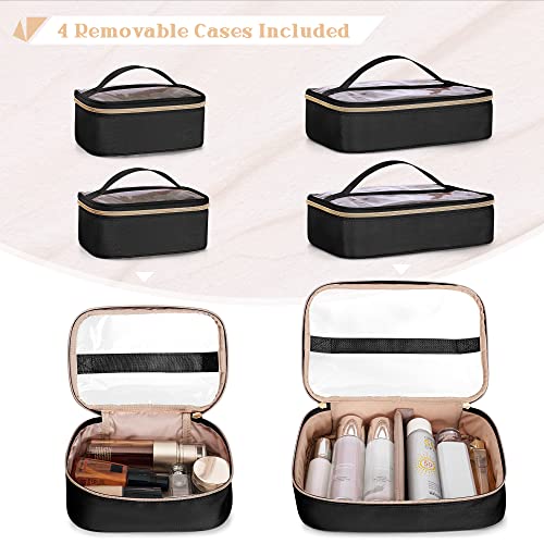 Professional Makeup Artist Travel Case with 4 Detachable Cosmetic Bags, Large Make up Organizer Bag with Makeup Kit Storage Section and Hair Tools Pocket, Black (Empty Bag Only) - color: Black