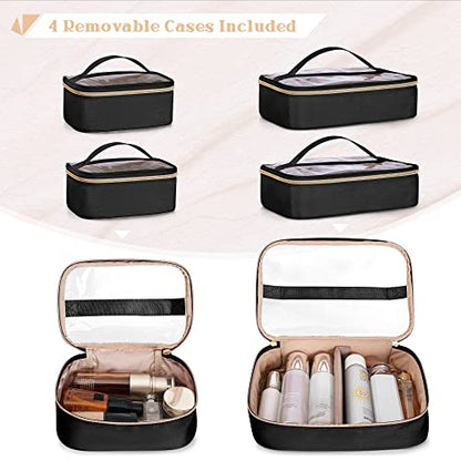 Professional Makeup Artist Travel Case with 4 Detachable Cosmetic Bags, Large Make up Organizer Bag with Makeup Kit Storage Section and Hair Tools Pocket, Black (Empty Bag Only) - color: Black