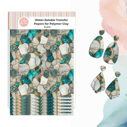 GOTO CLAY TOOLS Turquoise Gold Marble Clay Transfer Paper – 6 Pcs, Transfer Paper for Polymer Clay, Marble Pattern Polymer Clay Transfer Sheet for Jewelry Making - color: Turquoise Gold Clay