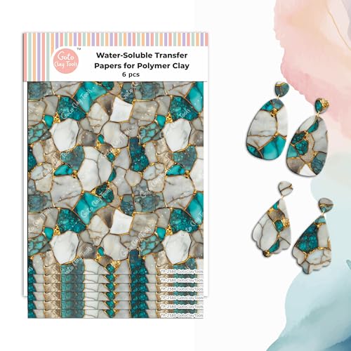 GOTO CLAY TOOLS Turquoise Gold Marble Clay Transfer Paper – 6 Pcs, Transfer Paper for Polymer Clay, Marble Pattern Polymer Clay Transfer Sheet for Jewelry Making - color: Turquoise Gold Clay