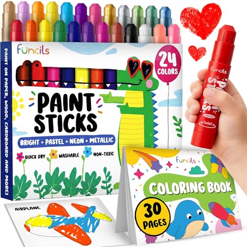 24 Tempera Paint Sticks for Kids with Coloring Book - Washable, Non-Toxic Markers for Toddlers | Works on Paper, Canvas, Wood, Cardboard - Art Craft Supplies, Painting Crayons Ages 1 2 3 4 5 6 - color: 24 Color + Coloring Book, size: Thick Sticks
