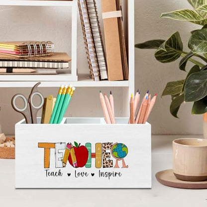 DILSJ Teacher Appreciation Gifts Pen Pencil Holder Organizer for Desk, Cute Teacher Gifts,Funny Teach Love Inspire Wooden Box Signs for Women New Teacher Desk Tabletop Office & School Supplies - color: Love-inspire