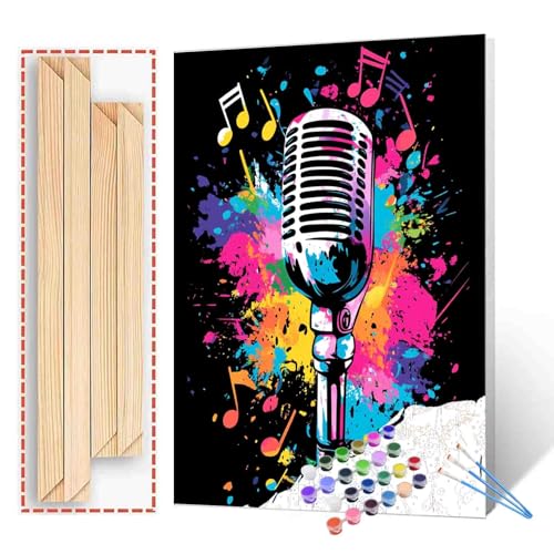 Aihonmin DIY Paint by Numbers The Neon Microphone, 16x20 Acrylic Canvas Painting Kit for Kids & Adults, Musical Instrument DIY Craft Kit, Customizable Design - color: Music-15, size: 16''x20''(DIY Frame)